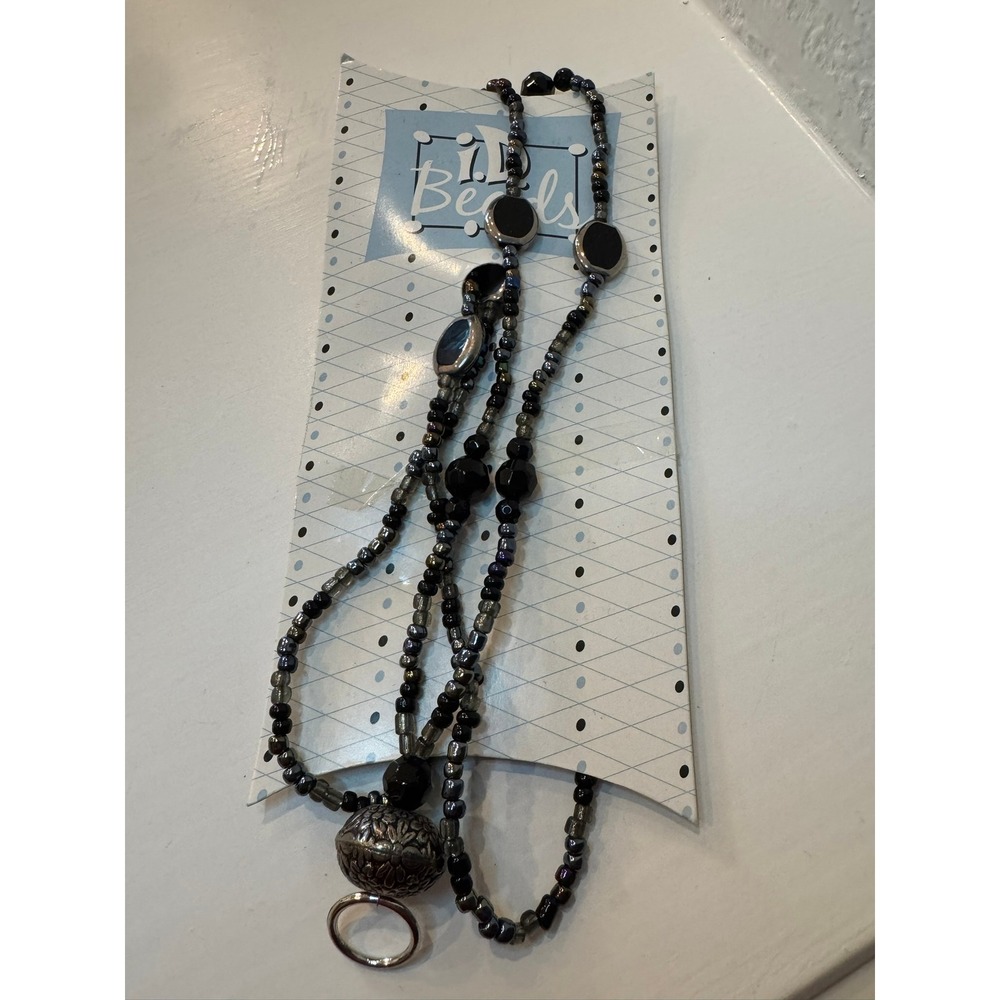 i.D. Beads Scholastic Black Silver Iridescent Beaded Lanyard ID Badge Holder